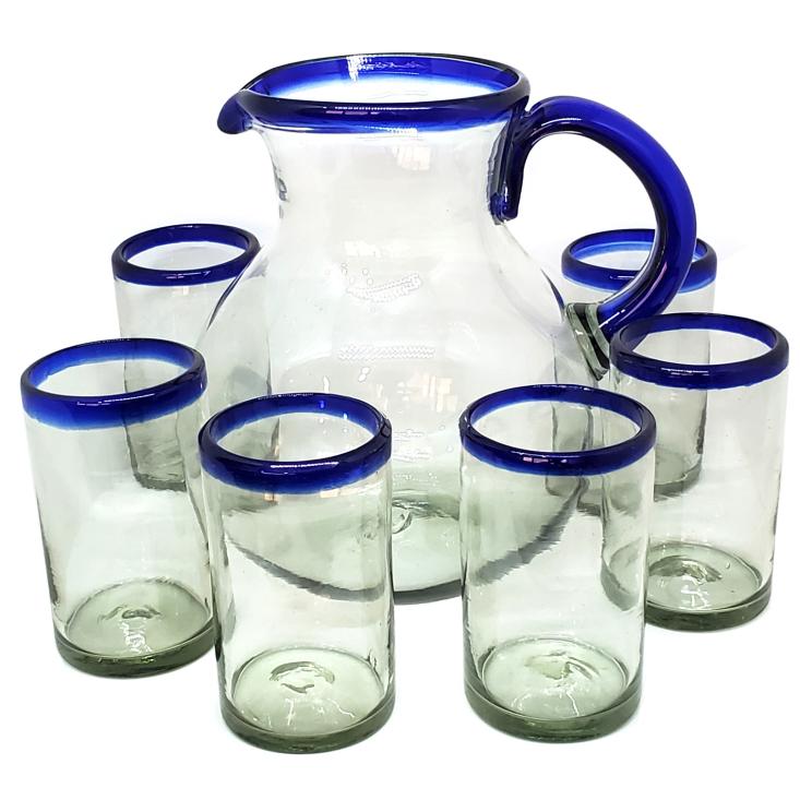 Sale Items / Cobalt Blue Rim 120 oz Pitcher and 6 Drinking Glasses set / Bordered in beautiful cobalt blue, this classic pitcher and glasses set will bring a colorful touch to your table.